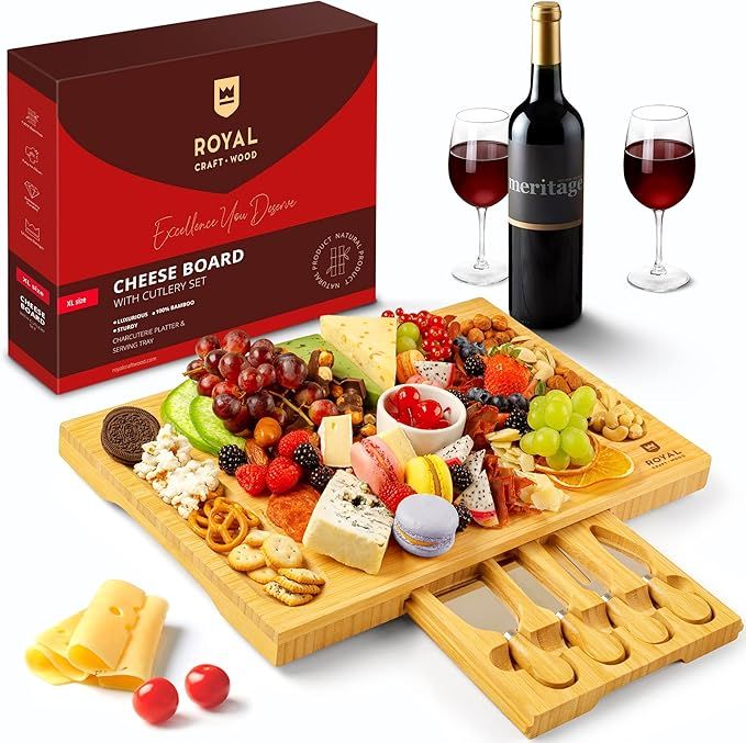 Unique Bamboo Charcuterie Board, Cheese Platter & Serving Tray Including 4 Stainless Steel Knife ... | Amazon (US)