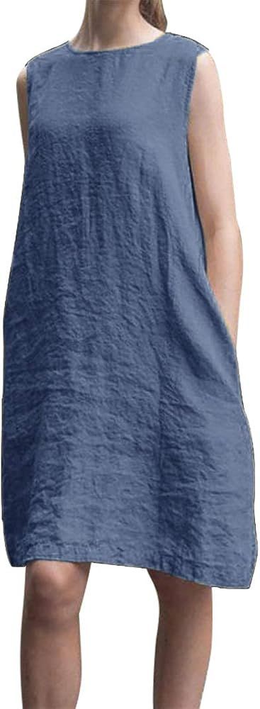 Yidarton Women's Cotton Linen Dress Italian Style Summer Casual Loose Fitting Dress Short Sleeve | Amazon (US)