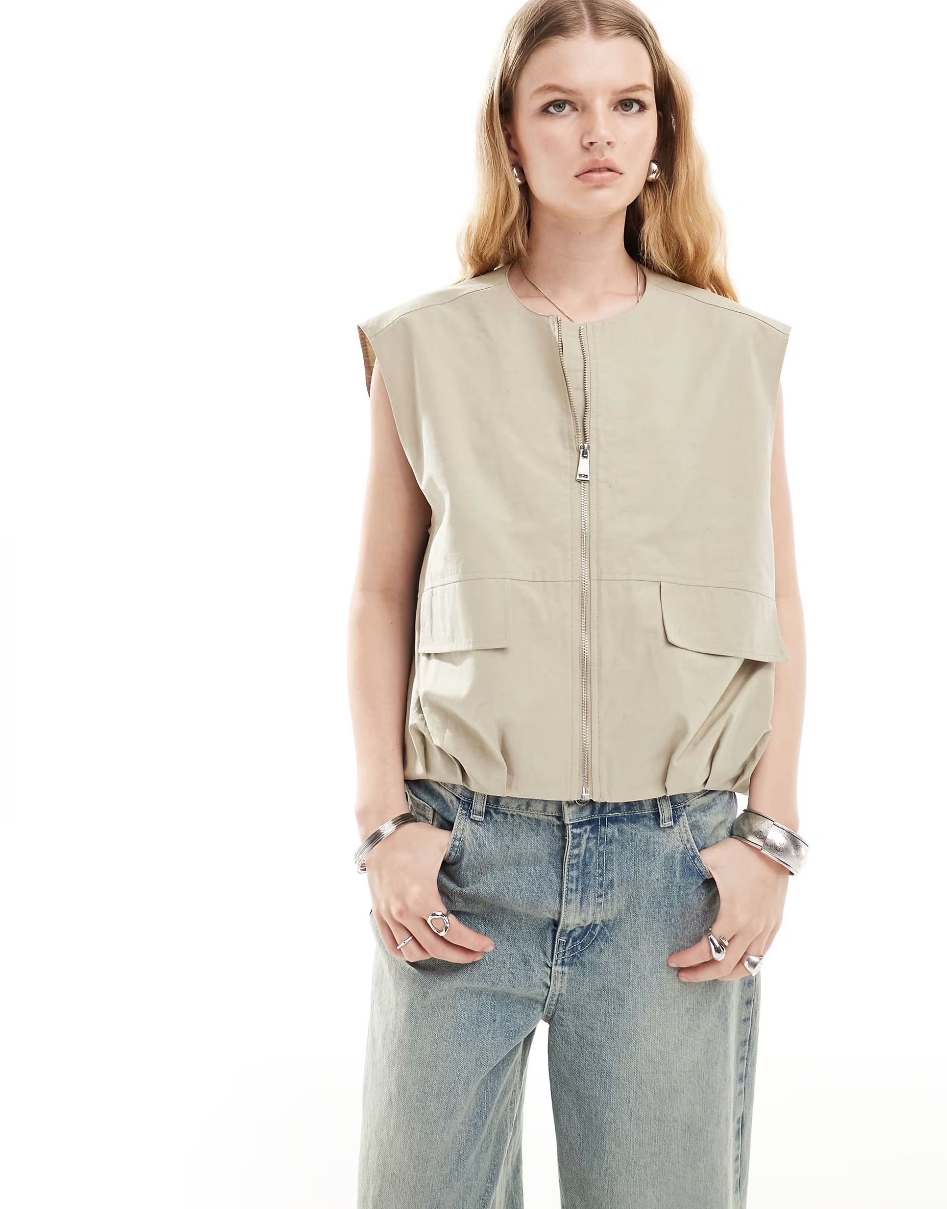 ASOS DESIGN sleeveless collarless utility gilet in stone | ASOS (Global)