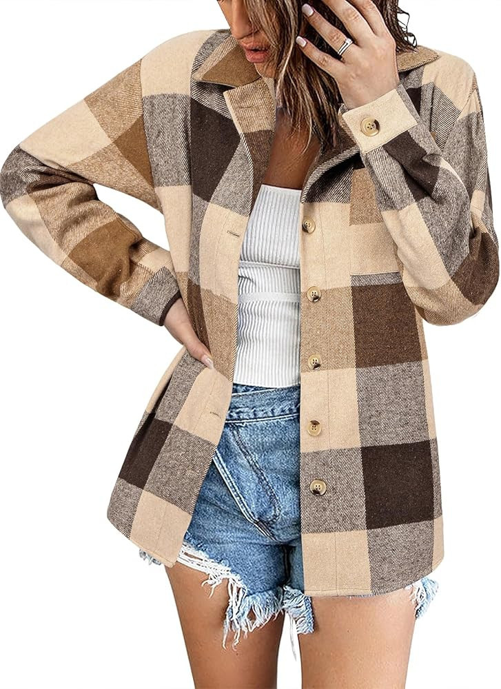 Zeagoo Women Flannel Shacket Jacket Plaid Button Down Long Sleeve Shirt Fall Outfits 2024 | Amazon (US)