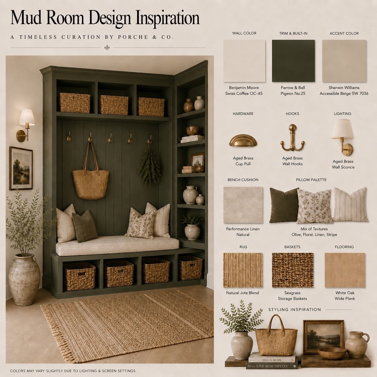 Soft neutrals, rich olive built-ins, and timeless natural textures come together in this beautifully curated mudroom design. ✨

This mudroom features Benjamin Moore Swiss Coffee walls, Farrow & Ball Pigeon built-ins, warm brass accents, white oak flooring, and layered woven textures to create a welcoming space that’s both functional and effortlessly timeless.

Featured finishes:

* Benjamin Moore Swiss Coffee OC-45 walls
* Farrow & Ball Pigeon No.25 built-ins
* Sherwin Williams Accessible Beige SW 7036 accent color
* Aged brass cup pulls & wall hooks
* Aged brass wall sconces
* Performance linen bench cushion
* Layered olive, floral, linen & striped pillows
* Natural jute blend rug
* Seagrass storage baskets
* White Oak wide plank flooring
* Modern traditional mudroom design
* Neutral mudroom inspiration

A perfect blend of thoughtful storage, timeless finishes, and everyday functionality designed to make coming home feel even more inviting. 🤍

#Mudroom #MudroomDesign #MudroomInspiration #BuiltInCabinetry #BenjaminMoore #SwissCoffee #FarrowAndBall #PigeonNo25 #AccessibleBeige #ModernTraditional #NeutralInteriors #HomeOrganization #EntrywayDesign #InteriorDesign #CustomBuiltIns #WhiteOakFloors #BrassHardware #HomeDecor #TimelessDesign #PorcheAndCo #LuxuryInteriors #HomeStyling #InteriorInspiration #DreamHome

#LTKHome #LTKvlog #LTKSeasonal