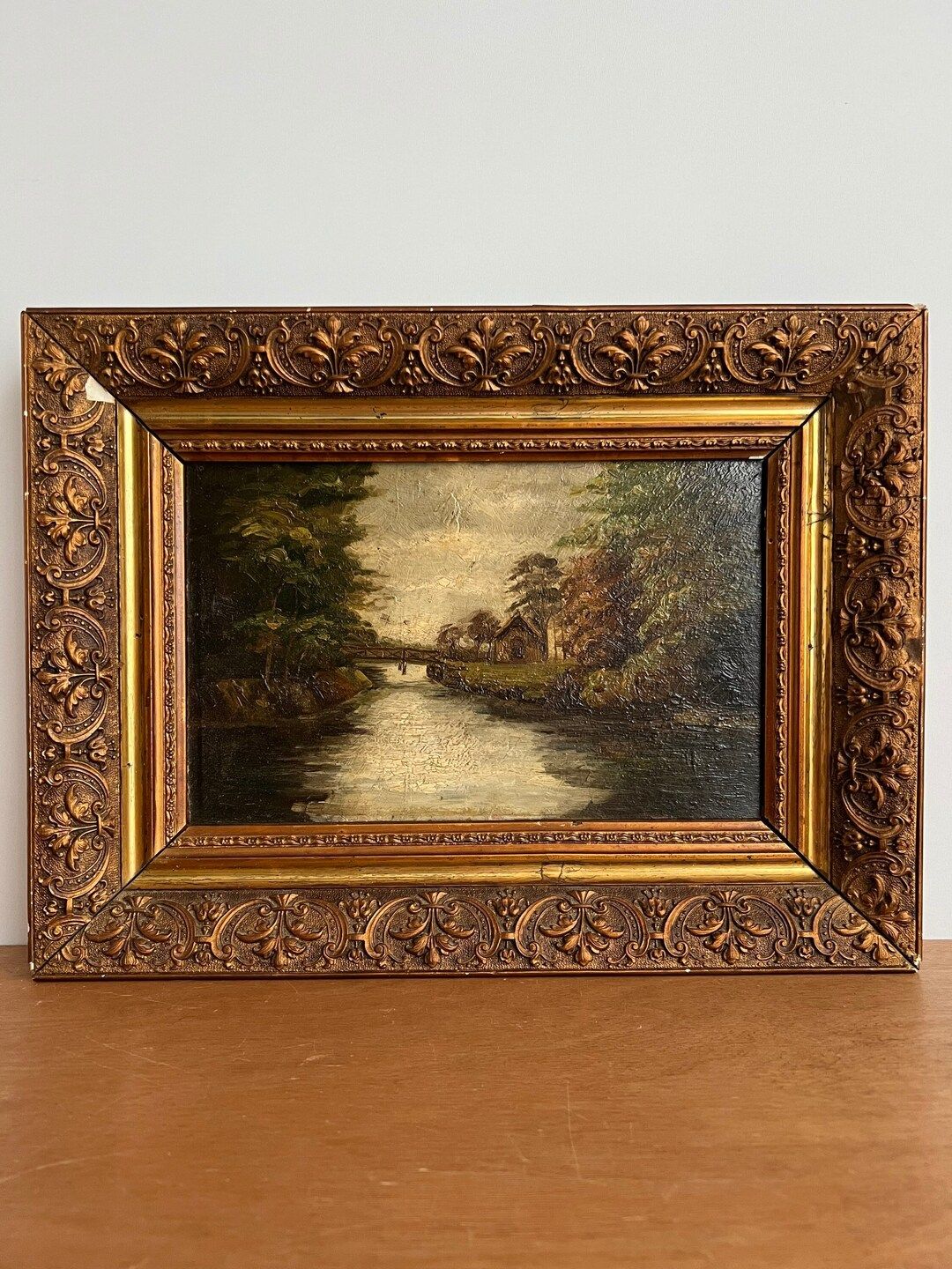 Antique moody country landscape oil painting, river landscape with cottage in woods, original oil... | Etsy (US)
