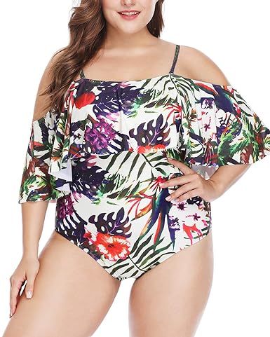 Daci Women One Piece Plus Size Swimwear Ruffle Flounce Off Shoulder Printed Monokini Swimsuits | Amazon (US)