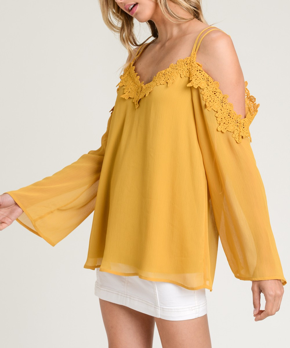 Mustard Ruffle Sleeve Shoulder Cutout Top - Women | zulily