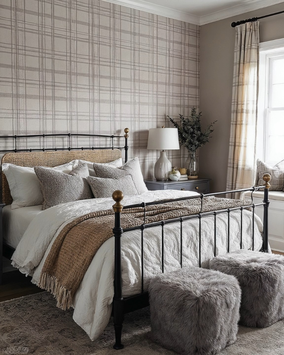 Cozy Neutral Bedroom Inspiration 🤎 This layered bedroom brings together modern farmhouse, transitional, and English country style with a soft neutral color palette. The black metal bed with woven cane detailing creates a timeless focal point, while plaid wallpaper, coordinating curtains, crisp white bedding, textured neutral pillows, and a warm brown throw add cozy dimension. Brass accents, classic bedside lighting, vintage-inspired rugs, and plush faux fur ottomans complete the collected, inviting look—perfect inspiration for a cozy fall bedroom refresh.

🖤 If you want to see more content like this, FOLLOW maeveandmodern on LTK, Instagram, and Pinterest! Check out our blog where we post daily, maeveandmodern.com!

Cozy Neutral Bedroom | Fall Bedroom Refresh | Modern Farmhouse Bedroom | English Country Bedroom | Transitional Bedroom | Plaid Wallpaper | Plaid Bedroom Decor | Black Metal Bed | Cane Bed | Neutral Bedding | White Bedding | Layered Bedding | Textured Throw Pillows | Brown Throw Blanket | Faux Fur Ottoman | Bedroom Bench Alternative | Vintage Inspired Bedroom | Neutral Bedroom Ideas | Cottage Bedroom Decor | Classic Bedroom Style | Cozy Home Decor | Warm Neutral Interiors | Designer Bedroom Inspiration#LTKFindsUnder100

#LTKHome #LTKSaleAlert #LTKSeasonal #LTKHome #LTKSaleAlert