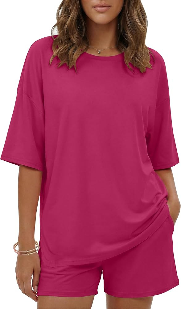 Ekouaer Women's Two Piece Lounge Set Oversized Boxy T-shirt Casual Short Sets Summer Travel Match... | Amazon (US)