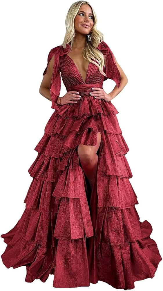 Mollyevers Tiered Tulle Prom Dress Long Ball Gown Ruched V Neck Formal Evening Dresses with Slit | Amazon (US)