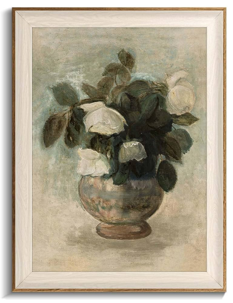 Uniro Vintage Floral Wall Art Framed, Neutral Flower Still Life Oil Painting, White Roses Canvas ... | Amazon (US)