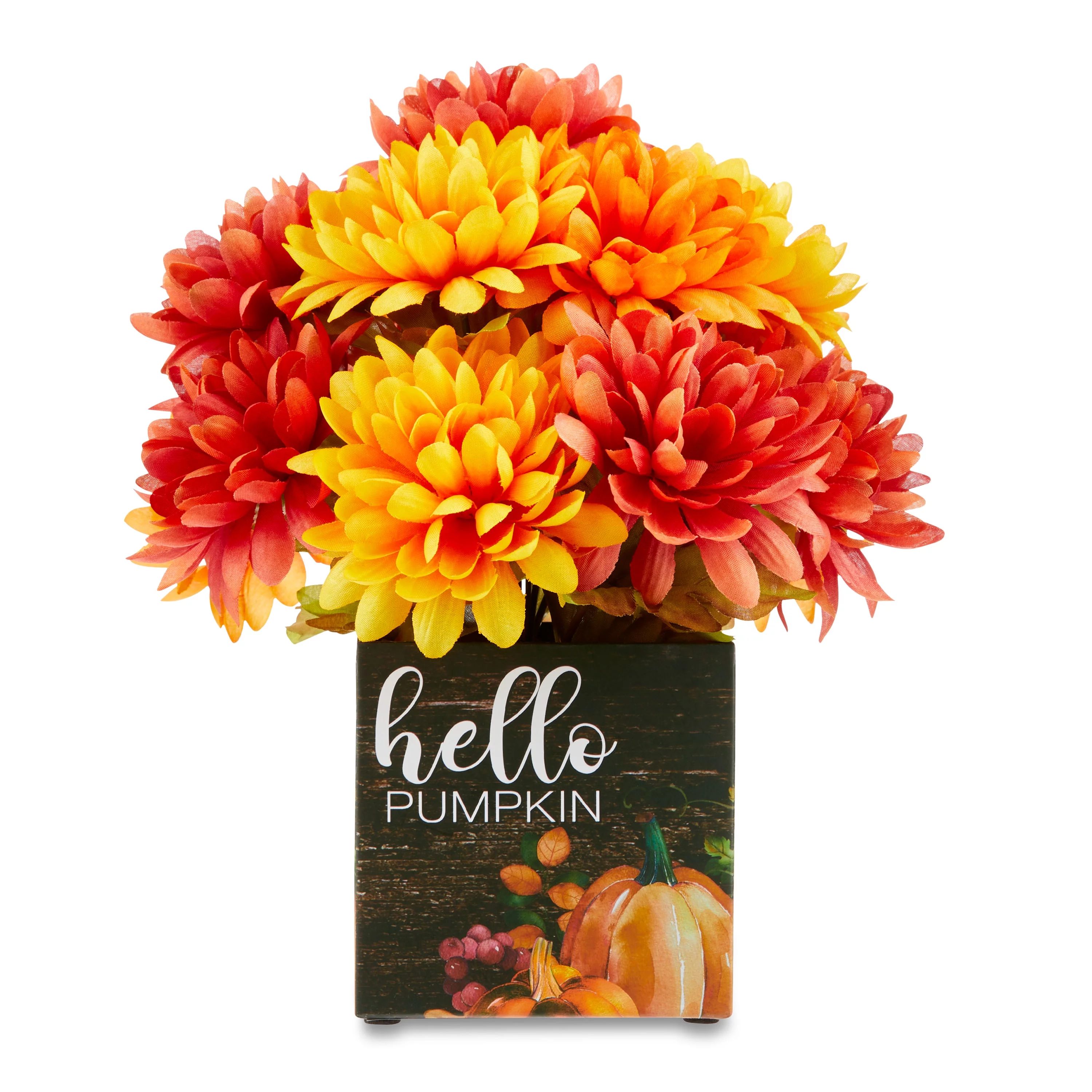 Harvest 9 in Red/Orange/Yellow Mum Floral in Paper Hello Pumpkin Box, Way to Celebrate Decoration | Walmart (US)