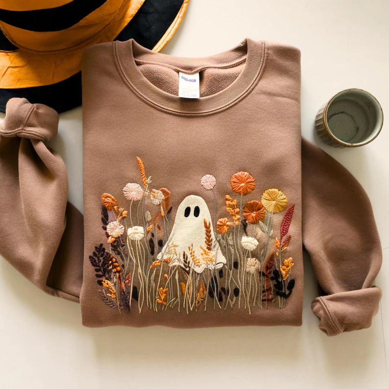 Embroidered Halloween Ghost Sweatshirt: Spooky Wildflower Tee - Etsy | Etsy (US)