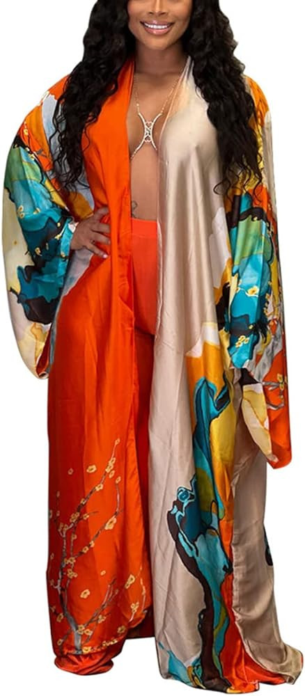 Kimono Cardigan for Women Long Boho Satin Kimono Robes Plus Size Open Front Beach Swimsuit Cover ... | Amazon (US)