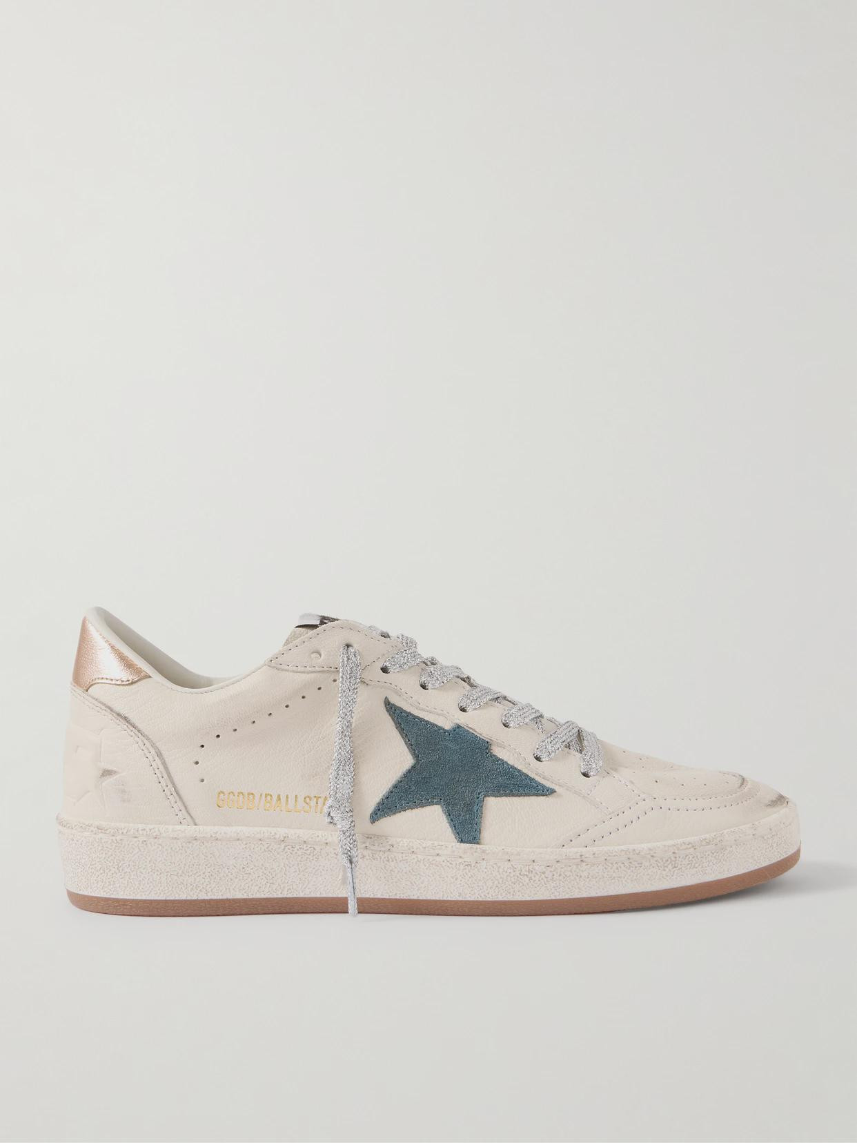 Golden Goose - Ball Star Distressed Suede-trimmed Leather Sneakers - White | NET-A-PORTER (US)