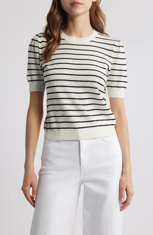 FRAME The Gathered Stripe Short Sleeve Organic Cotton & Linen Blend Sweater in Cream Multi at Nordstrom, Size Small | Nordstrom
