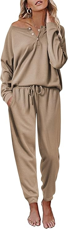 Ekouaer Pajamas Women's Waffle Knit Sleepwear Long Sleeve Top with Pants Casual Pjs Loungewear Se... | Amazon (US)