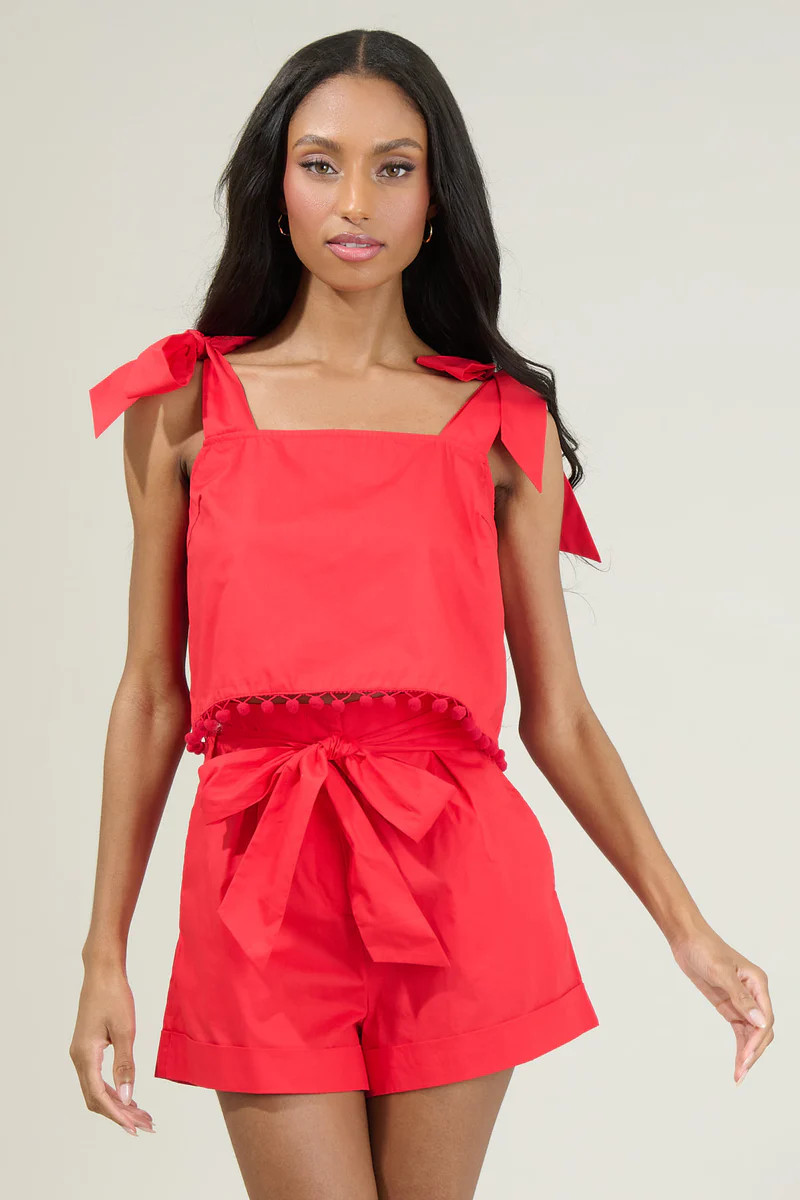 Elowen Zaferia Milagro Tie Strap Cherry Pom Pom Crop Top | Sugarlips