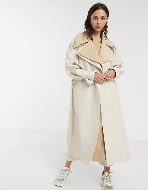 ASOS DESIGN double layer oversized trench coat in stone | ASOS (Global)