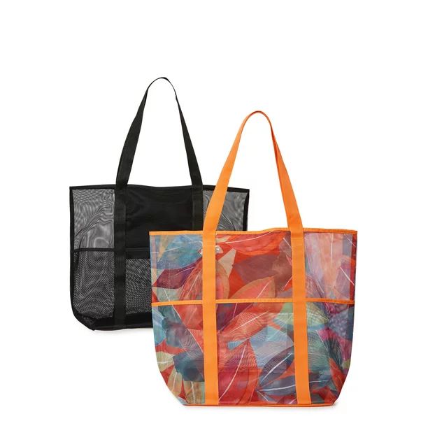 Time and Tru Women's Mesh Beach Tote Bag, 2-Pack Tropic Orange Spirit / Black | Walmart (US)