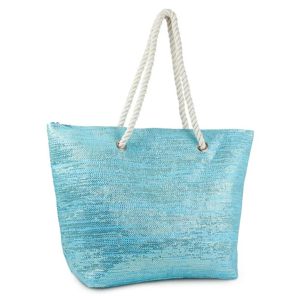 Women's Solid Straw Beach Tote with Metallic and Rope Handle | Walmart (US)