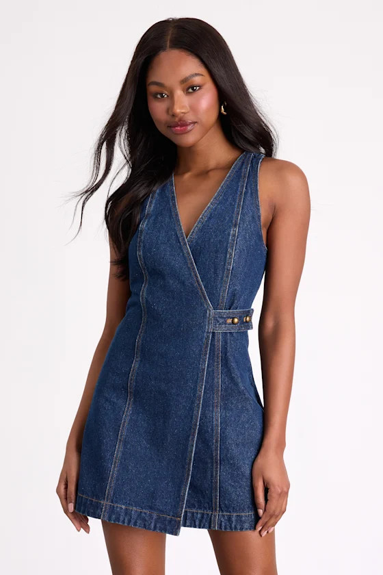 Didi Dark Wash Denim Wrap Mini Dress | Lulus