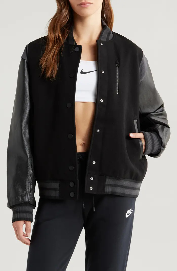 Sportswear Destroyer Leather & Wool Blend Varisty Bomber Jacket | Nordstrom