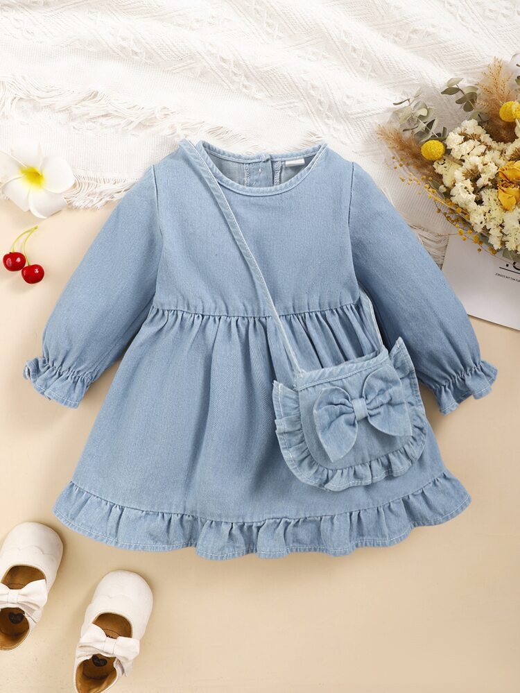 Baby Ruffle Hem Denim Dress With Bag | SHEIN