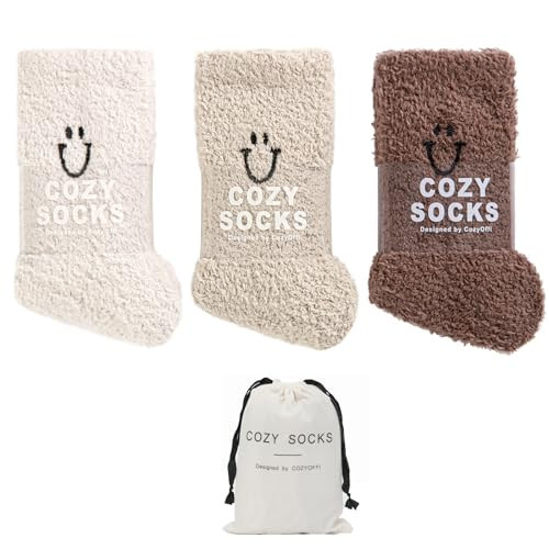 COZYOFFI Cozy Socks for Women Gifts: Fuzzy Ultra-Soft Warm Fluffy Cute Luxury Cloud Socks for Home Sleep 3 Pack Beige Khaki Brown | Amazon (US)