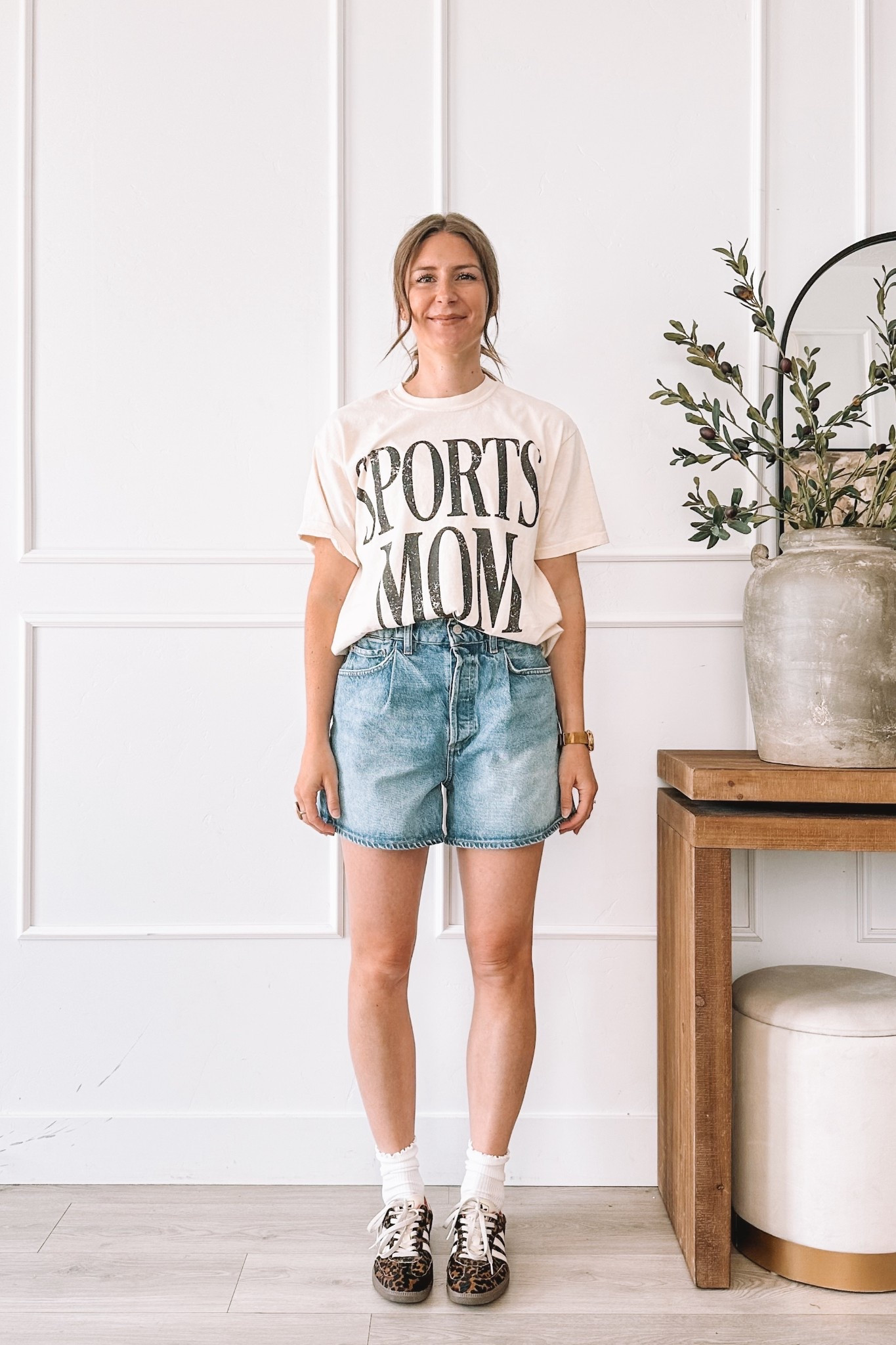 Sports Mom graphic tee with light wash denim shorts and leopard print Adidas sneakers. Wearing a large in the tee. I am 5’8” and typically a small so size up at least two sizes for an oversized fit. All pieces linked here.

#LTKmomlife #LTKgrwm #LTKootd