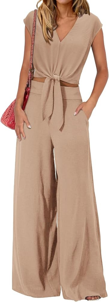 PRETTYGARDEN Women's Summer 2 Piece Outfits 2024 Cap Sleeve V Neck Belted Crop Tops Wide Leg Pant... | Amazon (US)