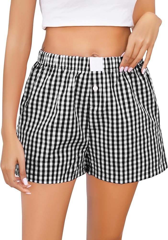 Vlazom Women's Lounge Shorts Cute Plaid Boxer Shorts Cotton Pyjama Bottoms for Cusal Sleep Gym Ru... | Amazon (UK)