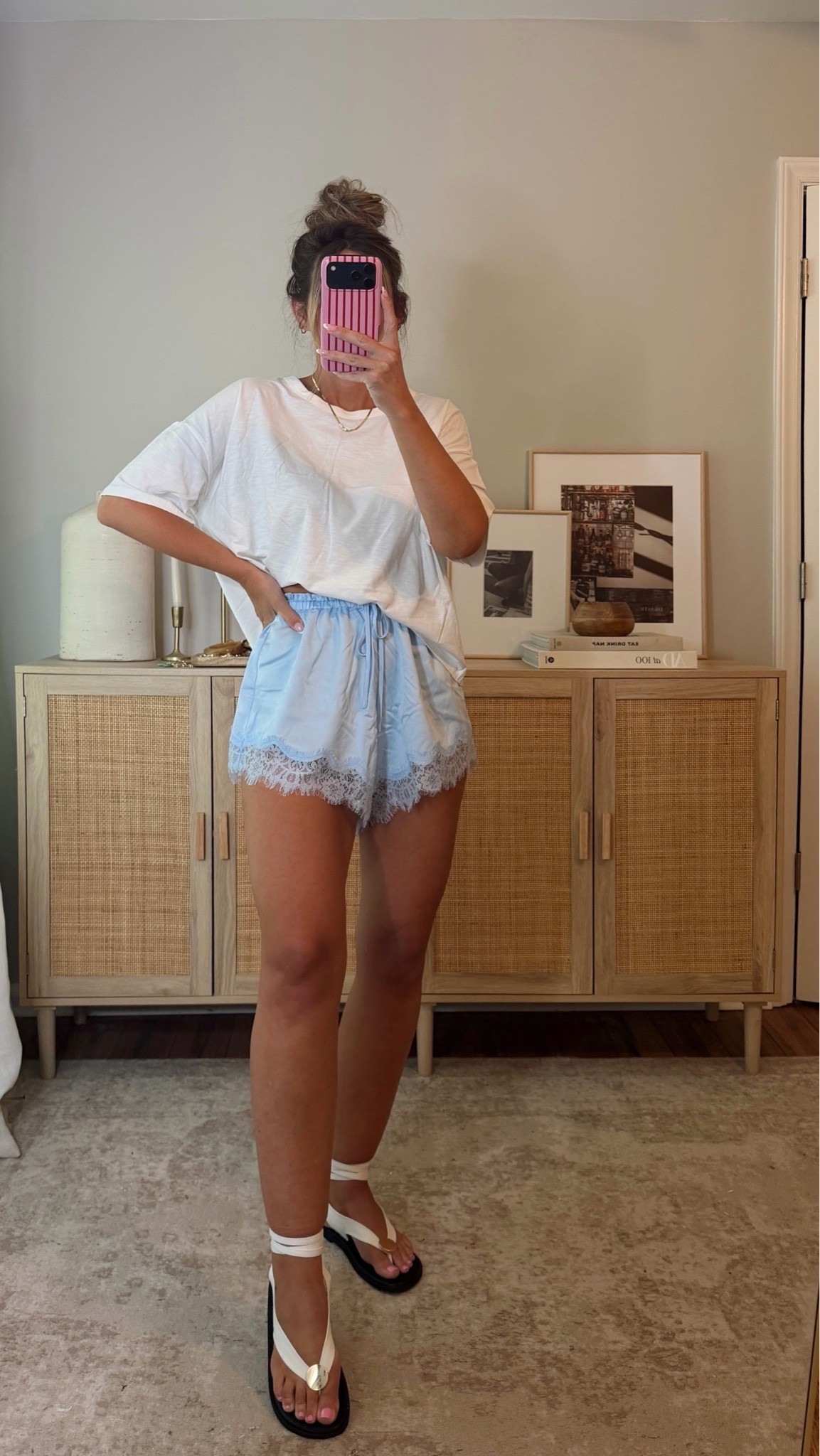 lace shorts & a white tee— perfect easy effortless summer outfit! you could dress this up with accessories + heels for a date night/gno outfit! sized up to a L in the top, size S shorts (this color runs BIG, i’ll swap these for an XS). the shorts are such good quality & love the lace detail. summer outfit, walmart @walmart