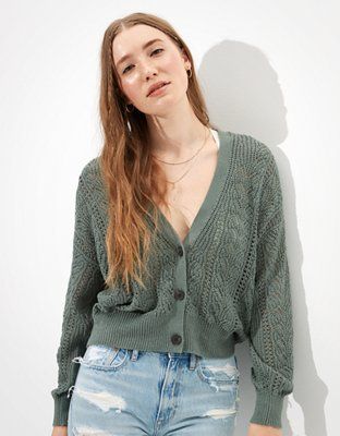 AE Pointelle Button Up Cardigan | American Eagle Outfitters (US & CA)