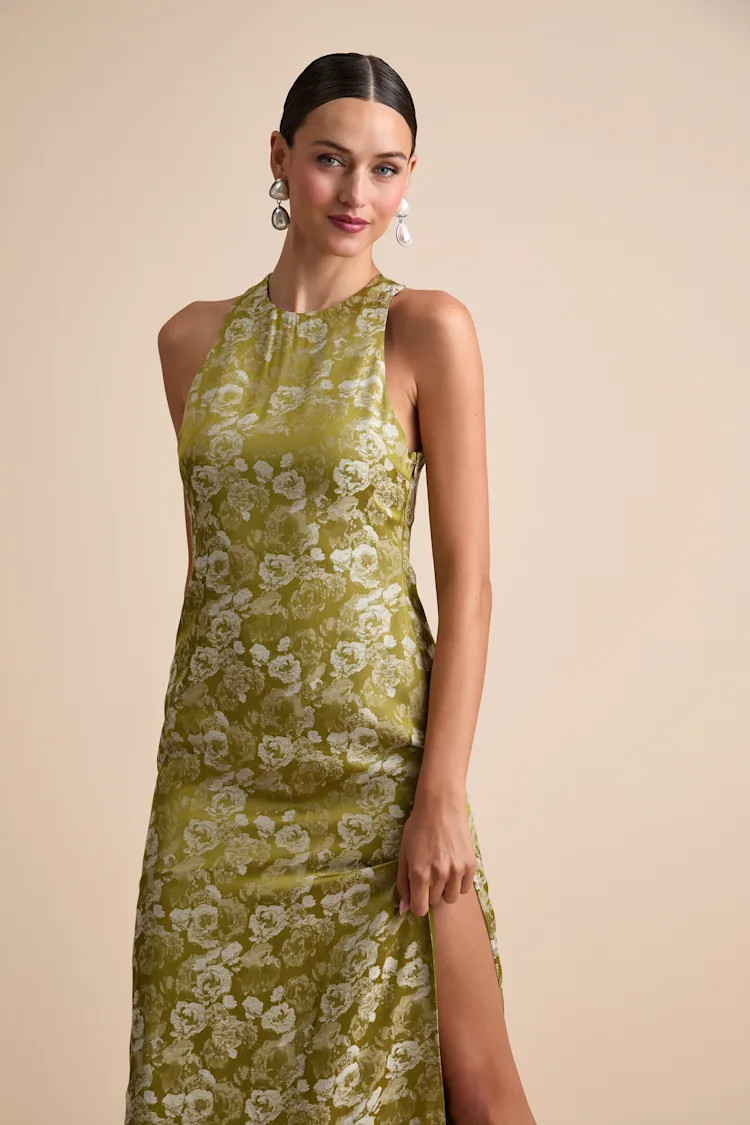 Lamila Chartreuse Floral Satin Column Maxi Dress | Lulus