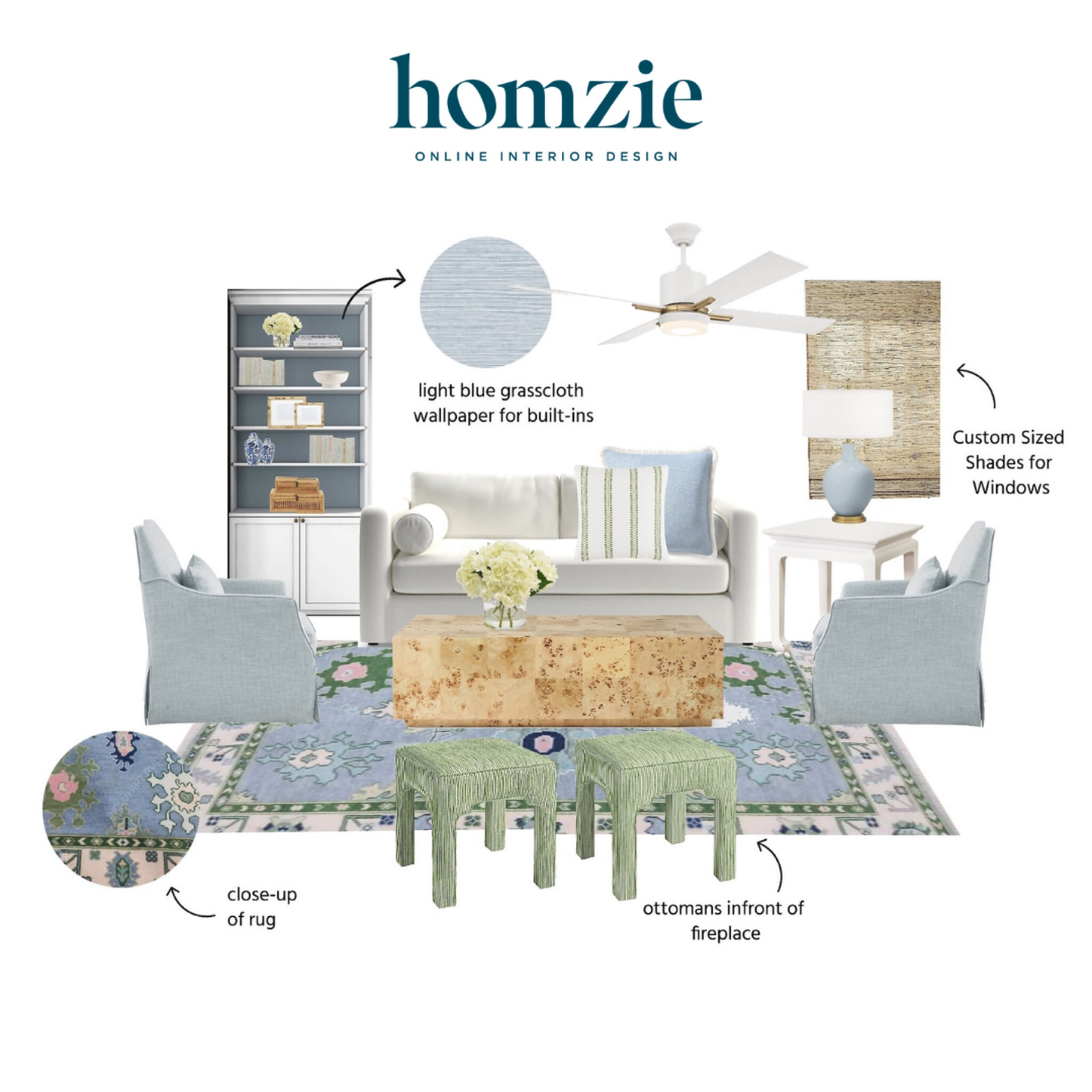 We loved designing this grandmillenial living room our virtual interior design client. This space features built-in bookshelves backed with grasscloth wallpaper, a burl wood coffee table, blue swivel accent chairs, a multicolored patterned rug, and the cutest green ottomans! 

Work 1:1 with a Homzie virtual interior designer for a low flat-rate and receive a custom, shoppable decorating plan! - all online.  Get started homziedesigns.com/work-with-us 

#LTKFindsUnder100 #LTKStyleTip #LTKHome