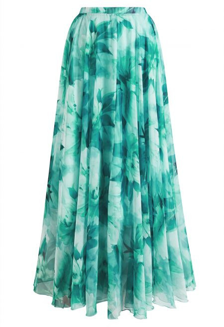 Halcyon Peony Watercolor Chiffon Maxi Skirt for Art Gallery Openings & Garden Weddings | Chicwish