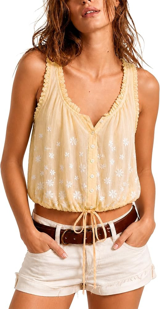 Womens Summer Boho Embroidered Tank Button Down Cami Tops Beach Vacation Flowy Vest Sleeveless Bl... | Amazon (US)