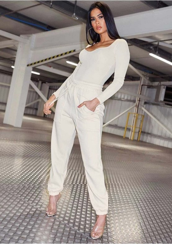 Romy Cream Pocket Front Oversized Joggers | Missy Empire (UK)