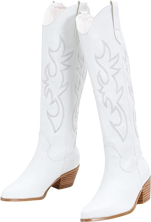 Amazon.com: Women's Embroidered Western Cowboy Boots Knee High Stitching Almond Medium Heel Chunk... | Amazon (US)