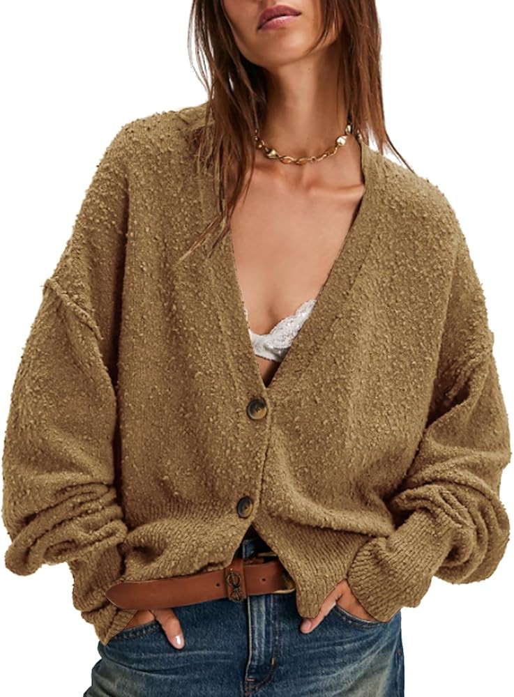 EXLURA Women's Chunky Knit Open Front Sweater Long Sleeve Button V Neck Loose Cardigan Outerwear ... | Amazon (US)