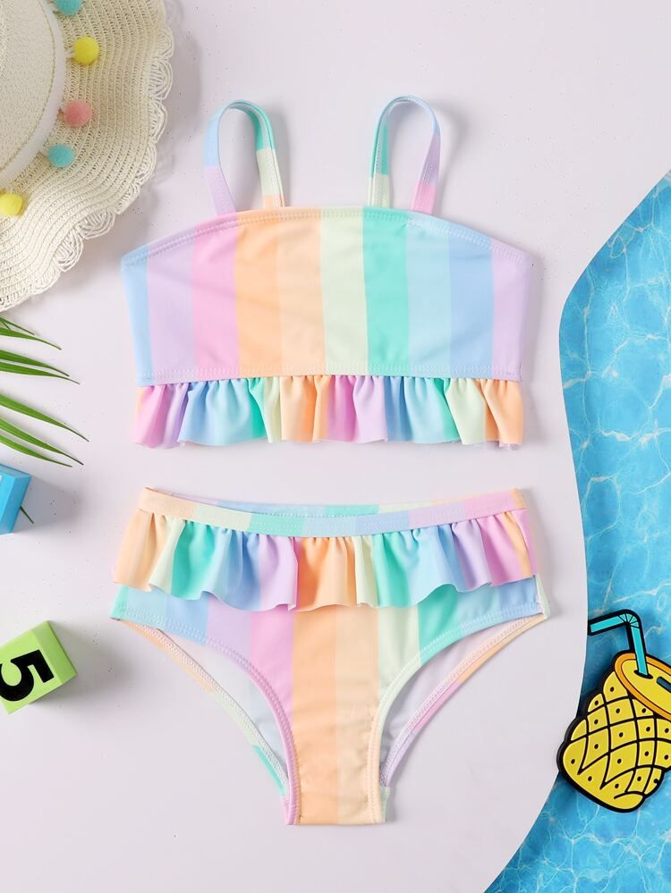 Toddler Girls Rainbow Stripe Ruffle Hem Bikini Swimsuit | SHEIN