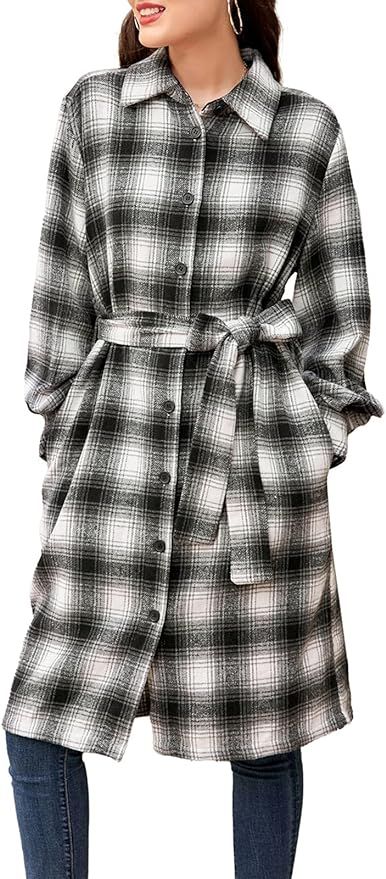 GRACE KARIN Women's Casual Plaid Lapel Wool Blend Button Down Shirt Coat Long Jacket Shacket | Amazon (US)