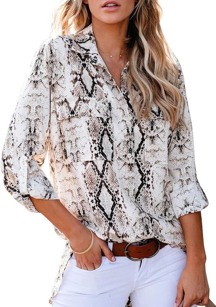 Astylish Women Button Down Snake Print 3 4 Tab Sleeve Tunic Blouse Tops Shirts | Amazon (US)