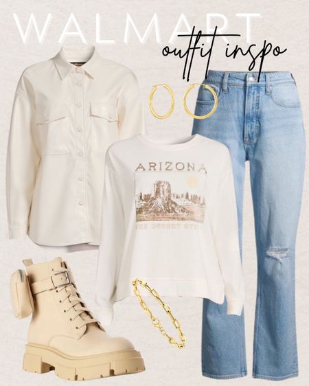 Walmart Outfit Inspo - Casual but Cute Fashion - Arizona Shirt - White and Tan Clothing - Denim Jeans - Brown Boots - Neutral Clothing - Gold Jewelry - Hoop Earrings - Bracelet - Accessories - Hat

#LTKSeasonal #LTKHoliday #LTKstyletip