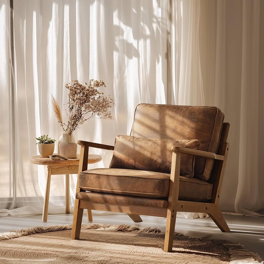 VINGLI Solid Wood Wide Armrests Accent Chair,Upholstered Mid Century Modern Chair with Pillow,Com... | Amazon (US)