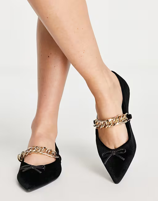 ASOS DESIGN Links chain point ballet flats in black velvet | ASOS (Global)