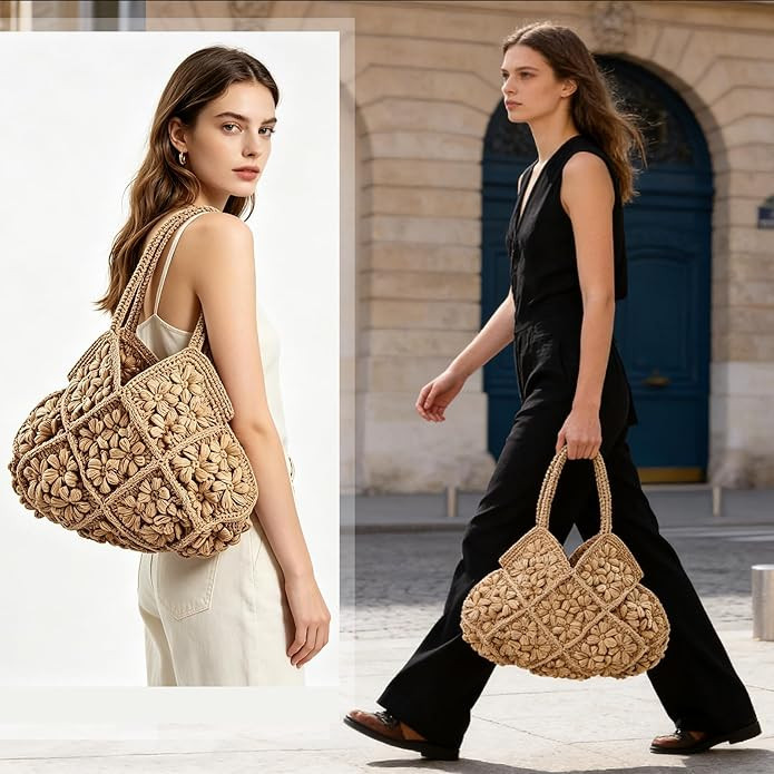 Floral Beach Bags for Women Straw Tote Bag Raffia Shoulder Handbags Summer Hobo Purse for Vacatio... | Amazon (US)