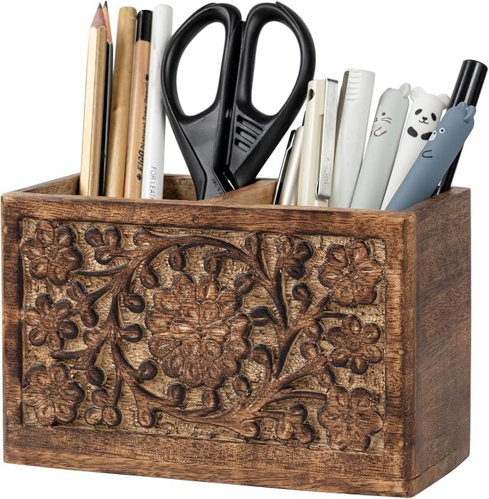 Mie Creations 2 Slot Rustic Pencil Holder Pen Stand for Desk Organizer | Handcarved Wooden Pen Ho... | Amazon (US)