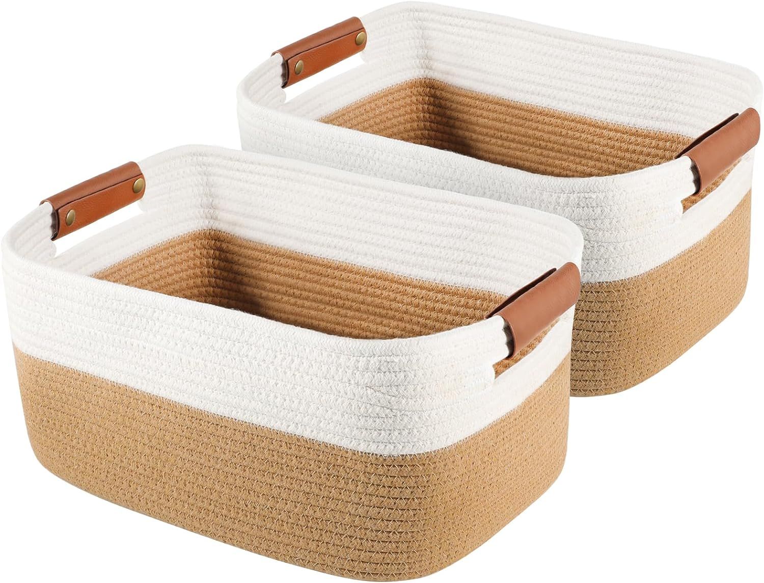 LWYMX 2 Pack Woven Baskets for Organizing with Handles, 15" x 9.9" x 7" Cotton Rope Storage Baske... | Amazon (US)