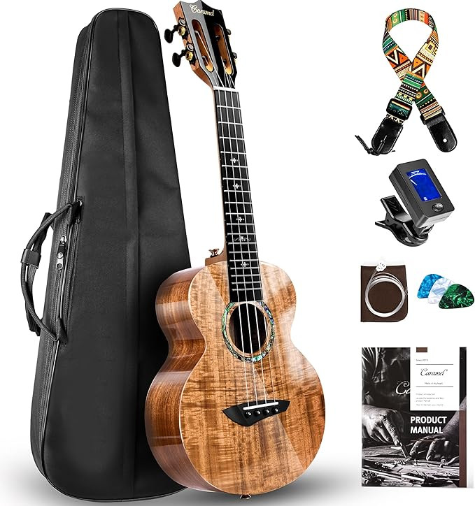 Caramel CAG28 Glossy Curly Acacia 23" Concert Ukulele for Beginner | Handmade Ukelele Starter Kit | Amazon (US)