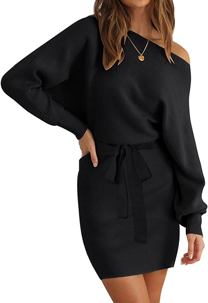MEROKEETY Women's Off Shoulder Batwing Sleeve Sweater Dress Ribbed Knit Bodycon Mini Dresses with Be | Amazon (US)