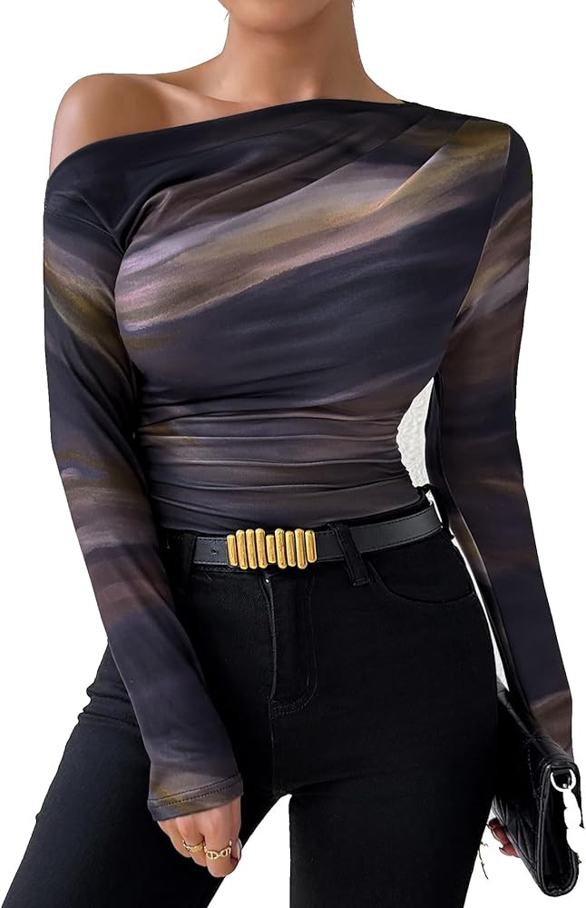 Floerns Women's Off Shoulder Tops Y2k Going Out Tops for Women Trendy Long Sleeve Asymmetrical Ru... | Amazon (US)